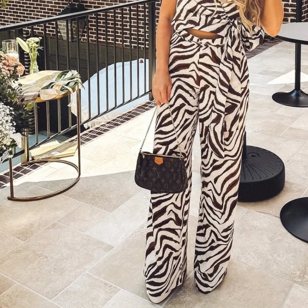 Zara NWT Linen Animal Print Wide Leg Pants